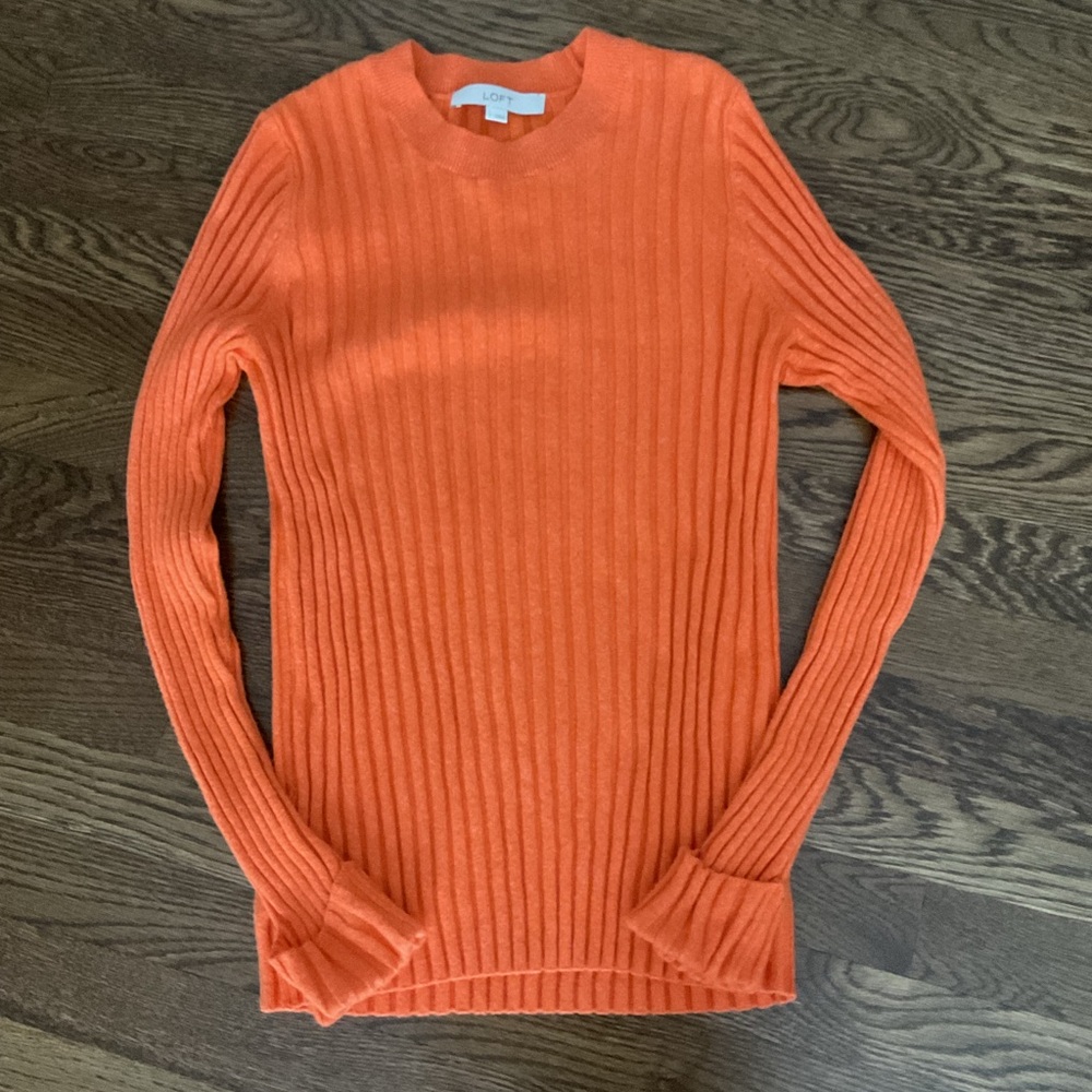 LOFT Orange Crewneck Sweater with Ribbed Texture